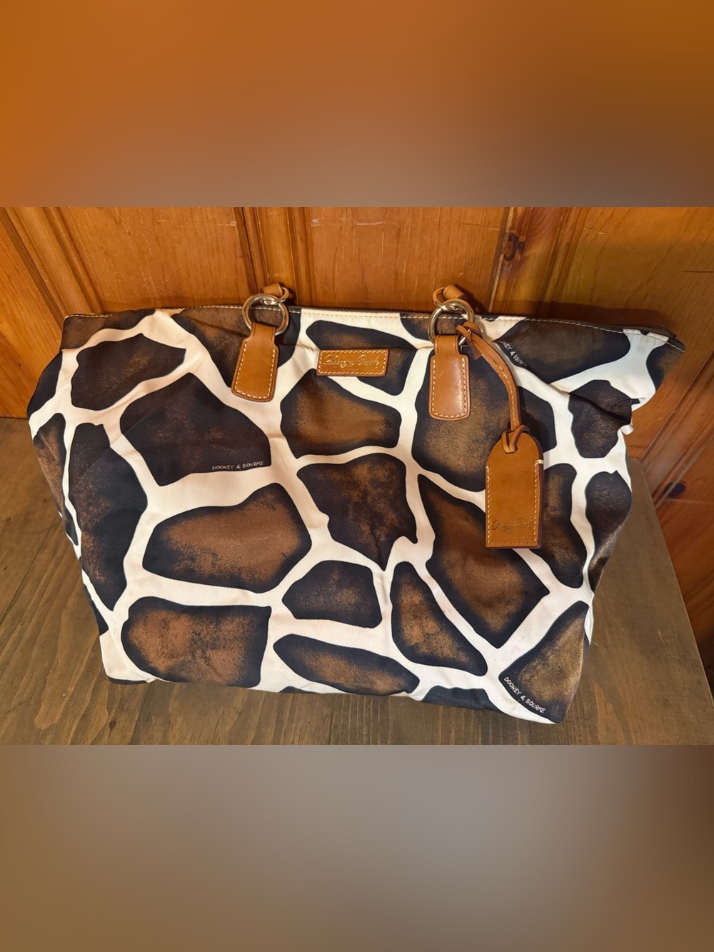 Dooney and Bourke Vintage Giraffe Print Nylon/Canvas Tote with Tan Leather Trim